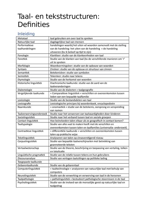 Taal En Tekststructuren Definities Belangrijke Termen Taal En