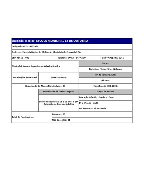 Escola Municipal 12 De Março - Dados da Escola Municipal 12 de Outubro | PDF | Escolas | Pré-escola