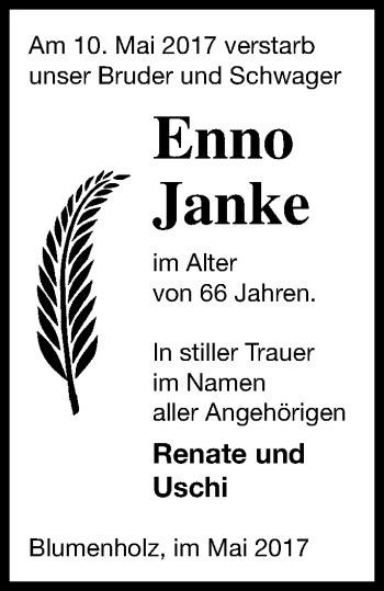 Traueranzeigen Von Enno Janke Trauer Nordkurier