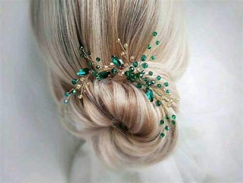 Denifery Bridal Hair Pin Emerald Gold Hair Piece Emerald Hair Clip Gold