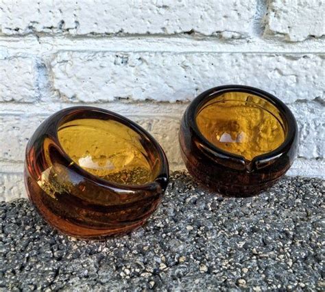 Pair 60s Ashtrays Viking Amber Glass Orb Tilted Mcm Mid Etsy Amber Glass Eclectic Vintage