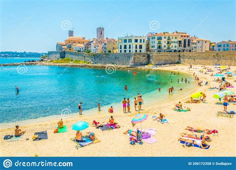 Plage De La Gravette And Marina On Background In Antibes Editorial