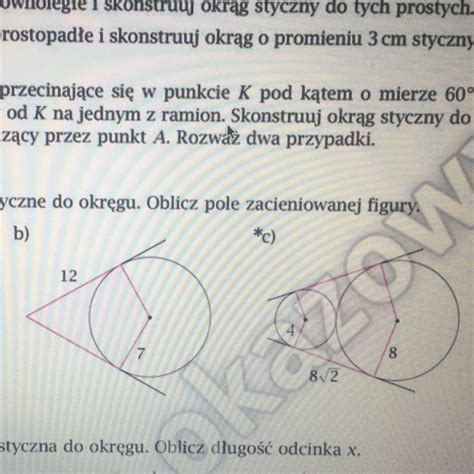 Narysowane proste są styczne do okręgu Oblicz pole zacieniowanej