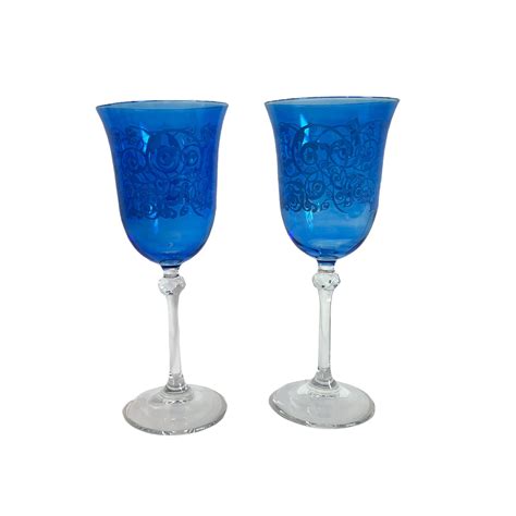 2 Blue W Clear Stem Water Glasses Goblets W Filigree Design Tall Pair Vintage Glassware