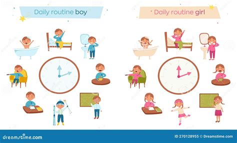 A Happy Girl And Cute Boy Daily Routine Vector Set Scheduler With