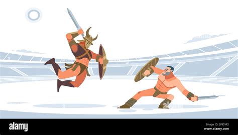 Spartan warriors fighting in gladiators arena. Gladiatorial fight. Thracian vs Spartacus. Vector ...