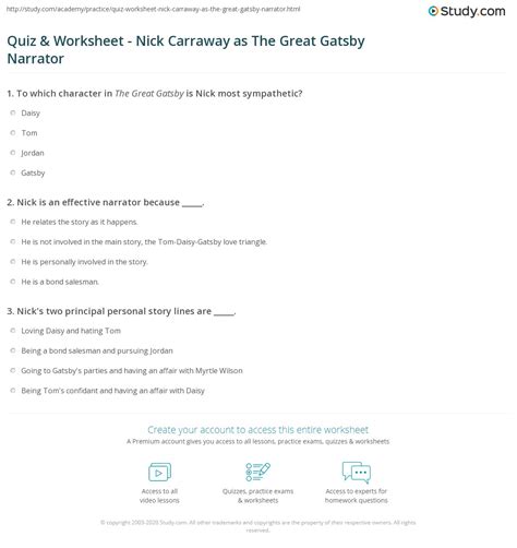 Quiz & Worksheet - Nick Carraway as The Great Gatsby Narrator | Study.com