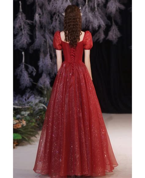 Red Square Neckline Aline Prom Dress Bling Tulle With Bubble Sleeves