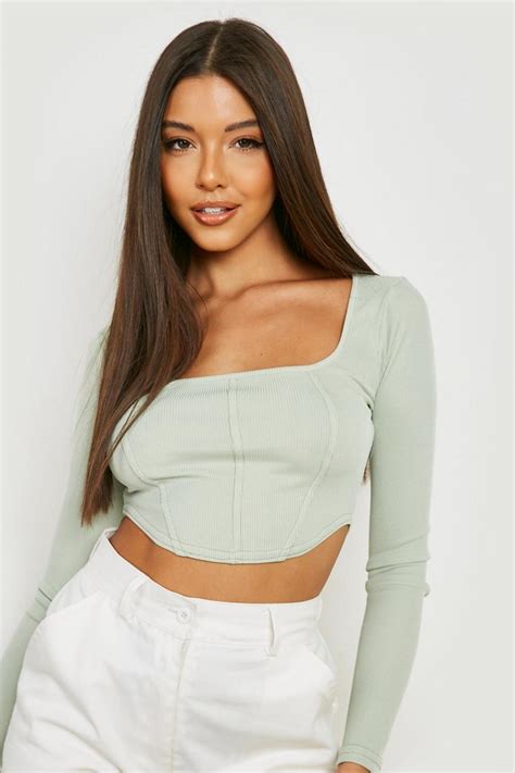 Square Neck Long Sleeve Corset Top Boohoo