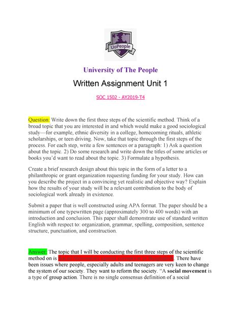 Written Assignment Unit 01 SOC 1502 University Of The People Written