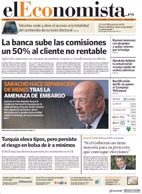 Las Portadas De Los Periódicos Económicos De Hoy Viernes 14 De Septiembre