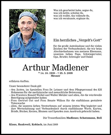 Todesanzeigen Von Arthur Madlener Todesanzeigen Vorarlberger Nachrichten