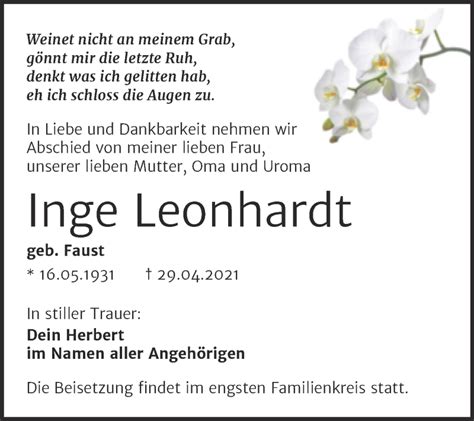 Traueranzeigen Von Inge Leonhardt Abschied Nehmen De