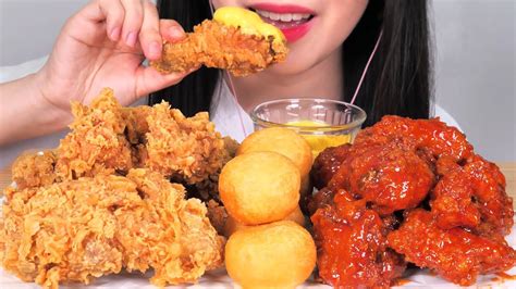 Asmr Fried Chicken Bbq 황금올리브치킨 반반 먹방 咀嚼音チキン クリームチーズボール 리얼사운드 Eating