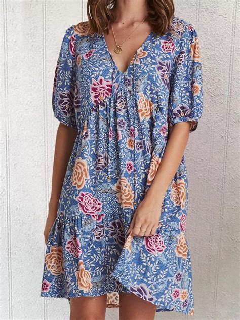 Women Floral Caftan V Neck Summer Weaving Dress Noracora