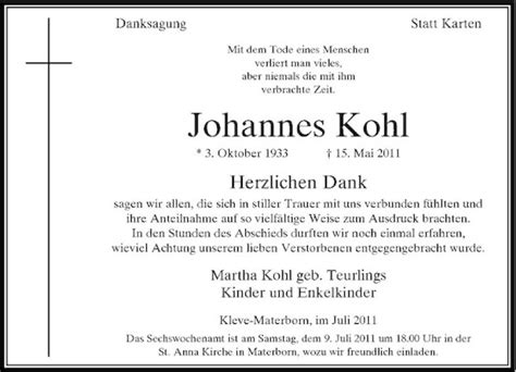 Alle Traueranzeigen F R Johannes Kohl Trauer Rp Online De