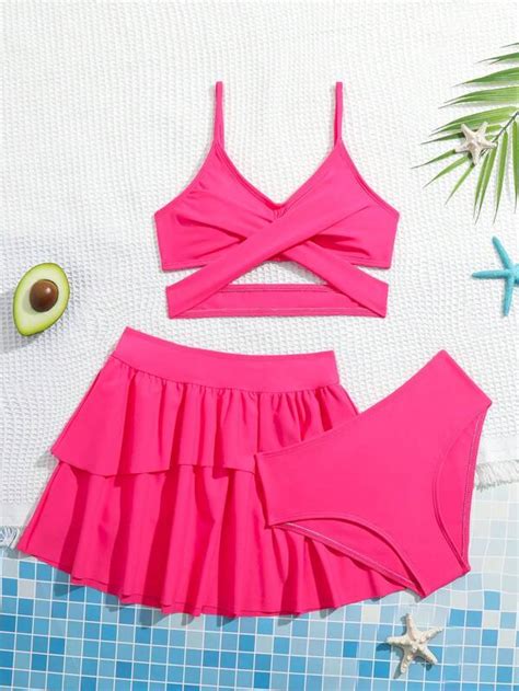 Tween Girl Criss Cross Bikini Swimsuit With Beach Skirt Shein Uk