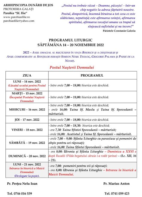 Programul liturgic în săptămâna 14 20 noiembrie 2022 Parohia Sf