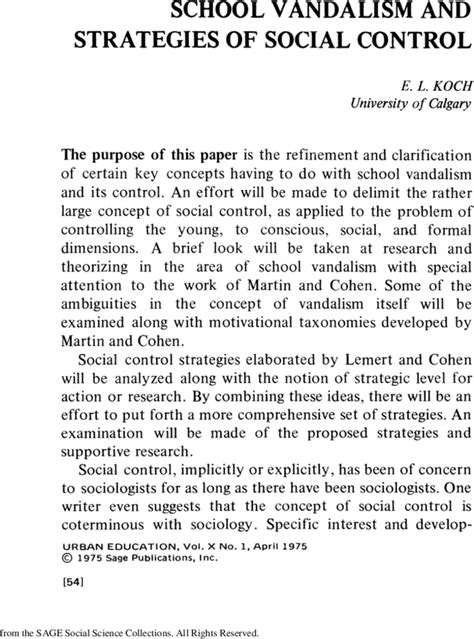 School Vandalism And Strategies Of Social Control E L Koch 1975