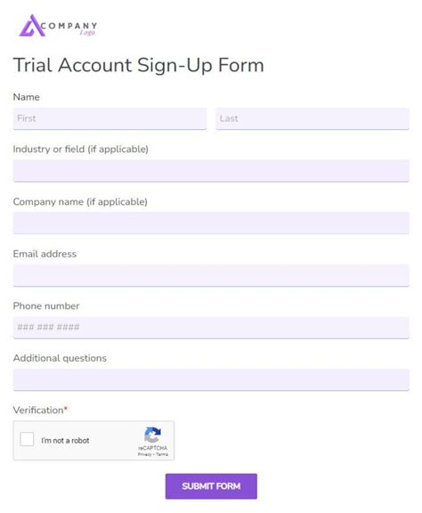 Free Trial Account Sign Up Form Template 123formbuilder