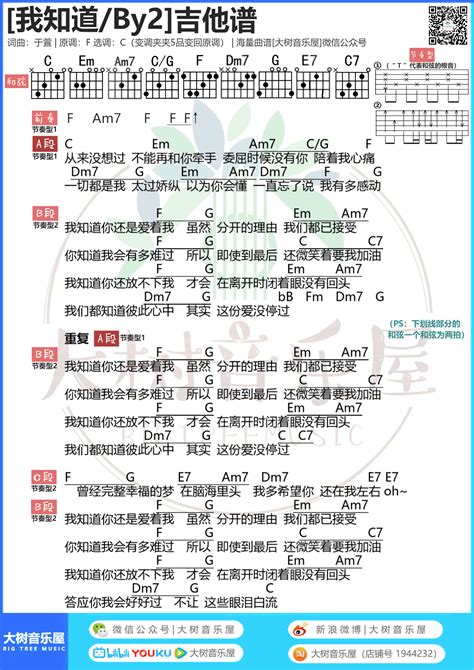 我知道吉他谱原版by2歌曲简单c调弹唱教学大树音乐屋版六线指弹简谱图吉他谱