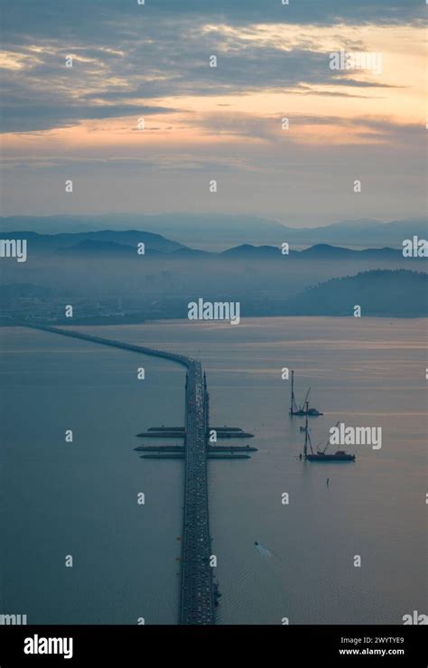 Aerial View Of Penang Bridge At Dawn Gelugor Pulau Pinang Penang