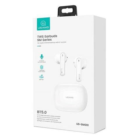 USAMS Słuchawki Bluetooth 5 0 TWS SM series bezprzewodowe biały white