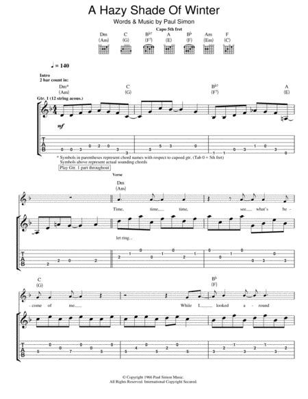 A Hazy Shade Of Winter By Simon And Garfunkel Guitar Tablature