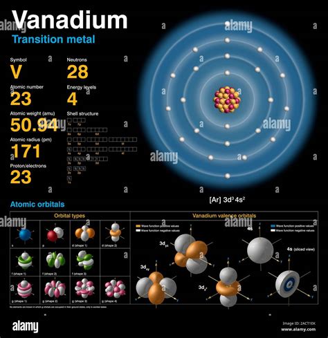 Vanadium (V). Diagram of the nuclear composition, electron ...