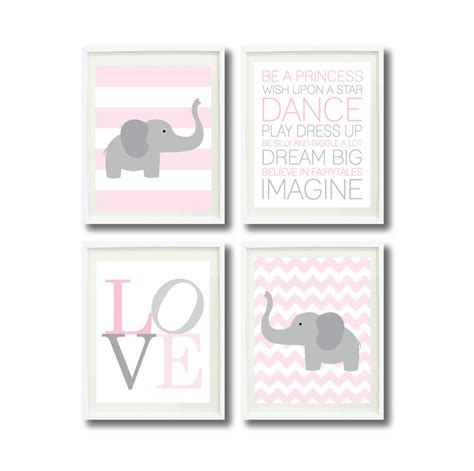 Baby Girl Nursery Elephant Art Print Set-Four | Etsy