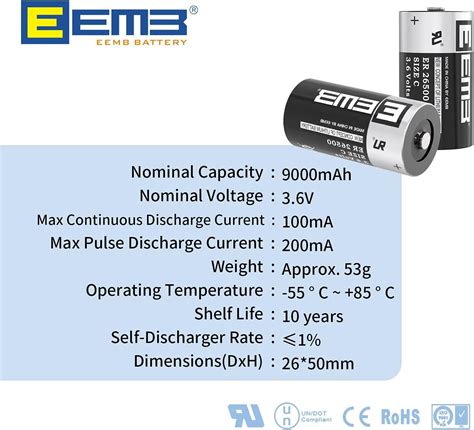 EEMB 2Pack ER26500 C Size 3 6V Lithium Battery High Capacity Li SOCL