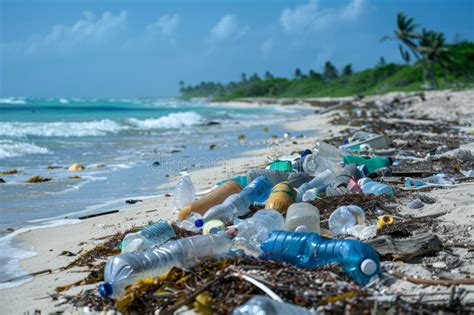 A Beach Littered With Plastic Waste Showcasing Discarded Bottles Bags