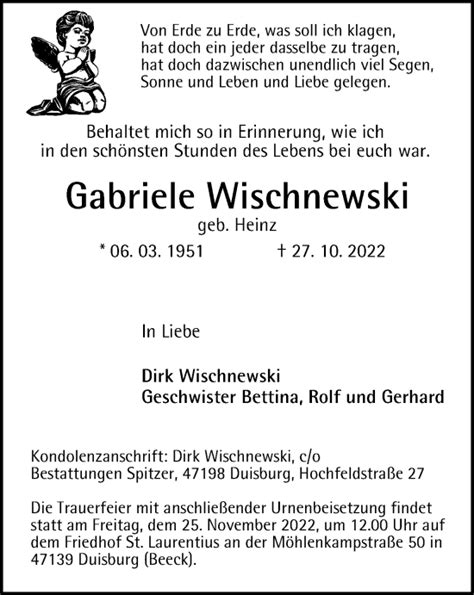 Traueranzeigen Von Gabriele Wischnewski Trauer In NRW De