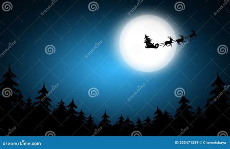 Magic Christmas Eve Reindeers Pulling Santa`s Sleigh In Sky On Full Moon Night Stock