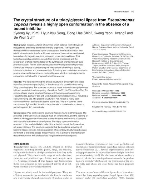 PDF The Crystal Structure Of A Triacylglycerol Lipase From Song