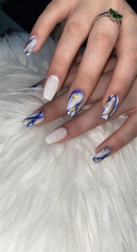 Blue Marble With Gold Flakes Blue And White Nails Blue Gold Nails