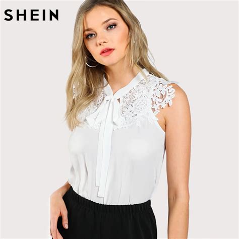 Buy Shein Guipure Lace Applique Tied Neck Top Women Tops And Blouses 2017 White