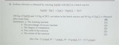 Solved 3 Sodium Chloride Is Obtained By Reacting Naoh With