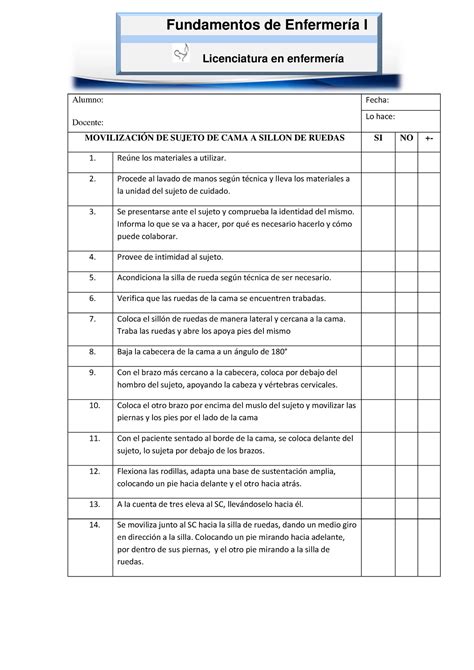 Lista De Cotejo Movilizaci N De Sujeto De Cama A Sill N De Ruedas