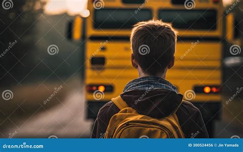 Back View of a Schoolboy Standing in Front of a School Bus. Stock ...