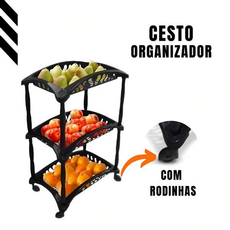 Organizador Vertical Triplo Fruteira Preto 3 Andares Cestos