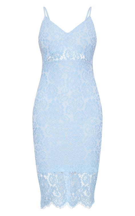 Pale Blue Lace Plunge Midi Dress Dresses Prettylittlething Usa