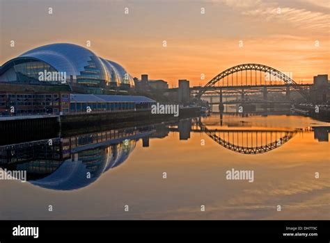 River Tyne in central Newcastle upon Tyne at sunset. The bridges of the ...