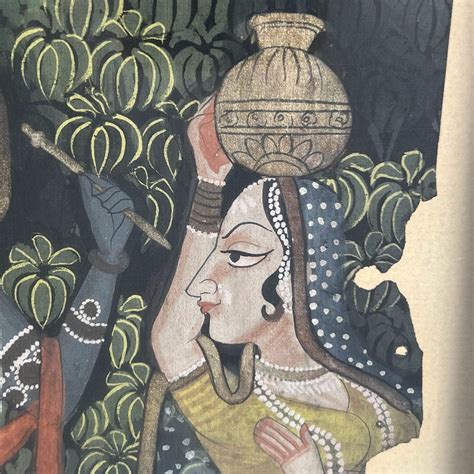 Indian Radha And Krishna Vintage Gouache On Textile Painting