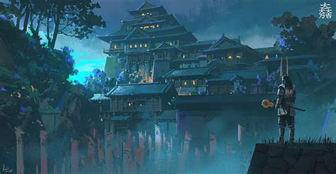 HD wallpaper: samurai, digital, castle, artwork, men, Japan, cyan ...