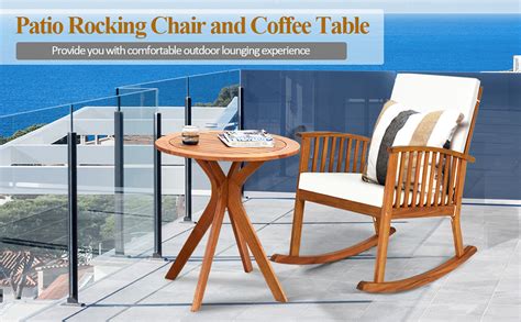 Tangkula 2 Pcs Patio Bistro Set Outdoor Acacia Wood Rocking Chair With Round Table