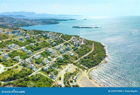 Coastal View Of Beautiful Aegean Sea And Beach With Palm Trees Summer