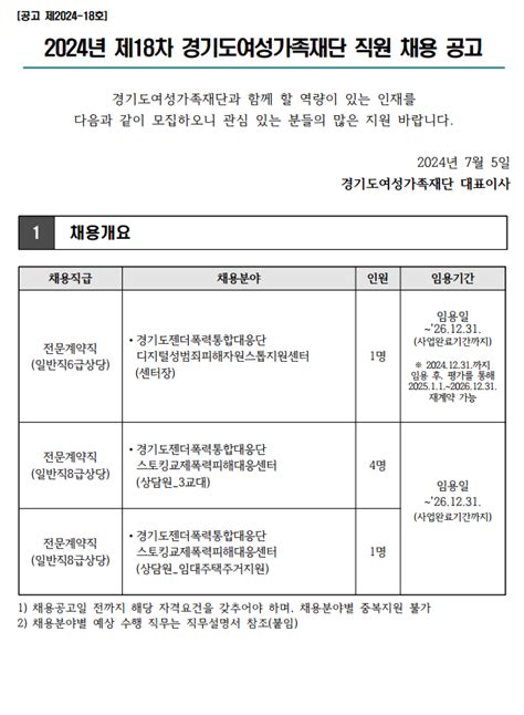 채용공고 제2024 18차 경기도여성가족재단 직원 채용 공고 읽기 채용공고