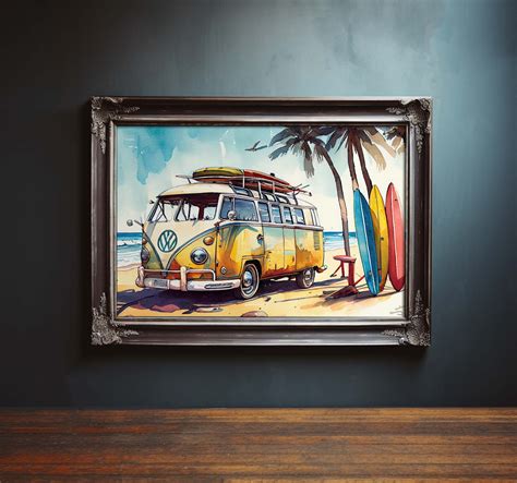 Vintage Landscape Painting Surf Bus Vintage Volkswagen Water Color