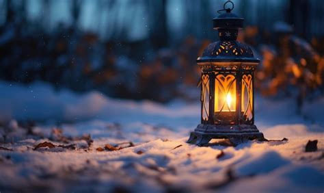 Premium Photo | Lantern in the snow at night Winter landscape with lantern